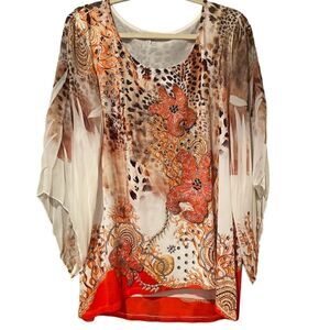 Cover Charge Beaded Colorful Blouse Bell Sleeve Shirt Size XL